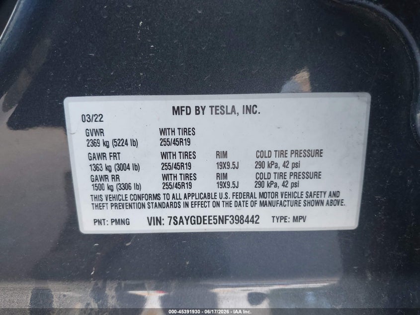2022 Tesla Model y VIN 7SAYGDEE5NF398442 IAAI salvage auction — WATER/FLOOD, Mv-907A (New York), sold $11,800 on 2026-07-07 (photo 9)