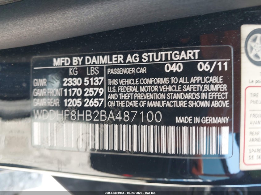 2011 Mercedes-benz E-class VIN WDDHF8HB2BA487100 IAAI salvage auction — RIGHT FRONT, Salvage (Pennsylvania), sold $25 on 2026-07-24 (photo 9)