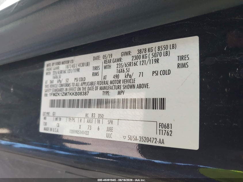2019 Ford Transit 150 VIN 1FMZK1ZM7KKB08387 IAAI salvage auction — NORMAL WEAR, Sf97 (New York), sold $10,950 on 2026-07-27 (photo 9)