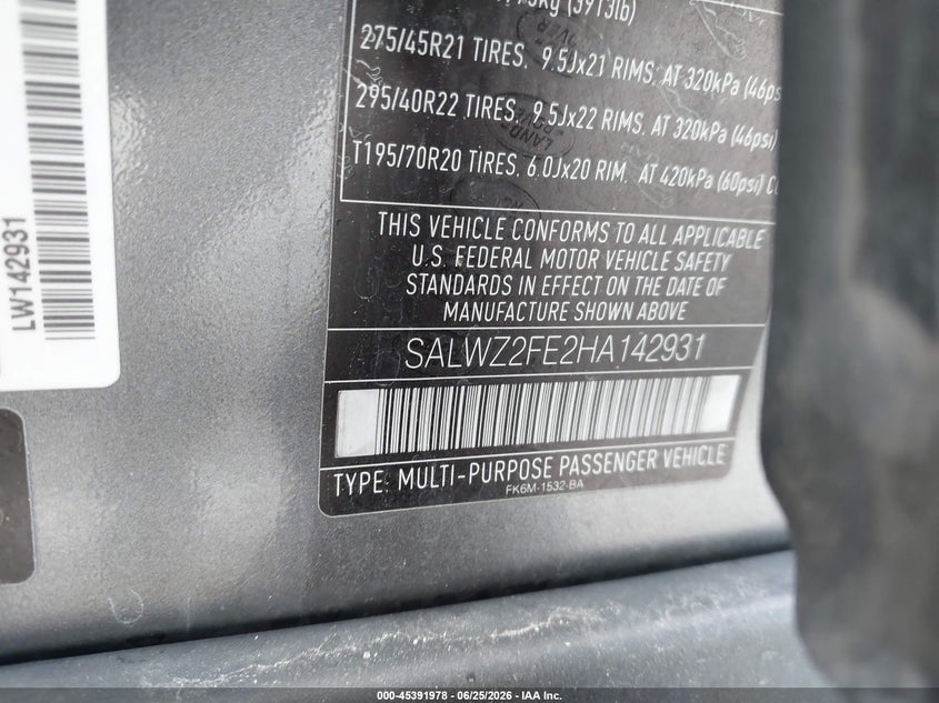 2017 Land rover Range rover sport VIN SALWZ2FE2HA142931 IAAI salvage auction — LEFT SIDE, Mv-907A (New York), sold $2,050 on 2026-07-28 (photo 9)