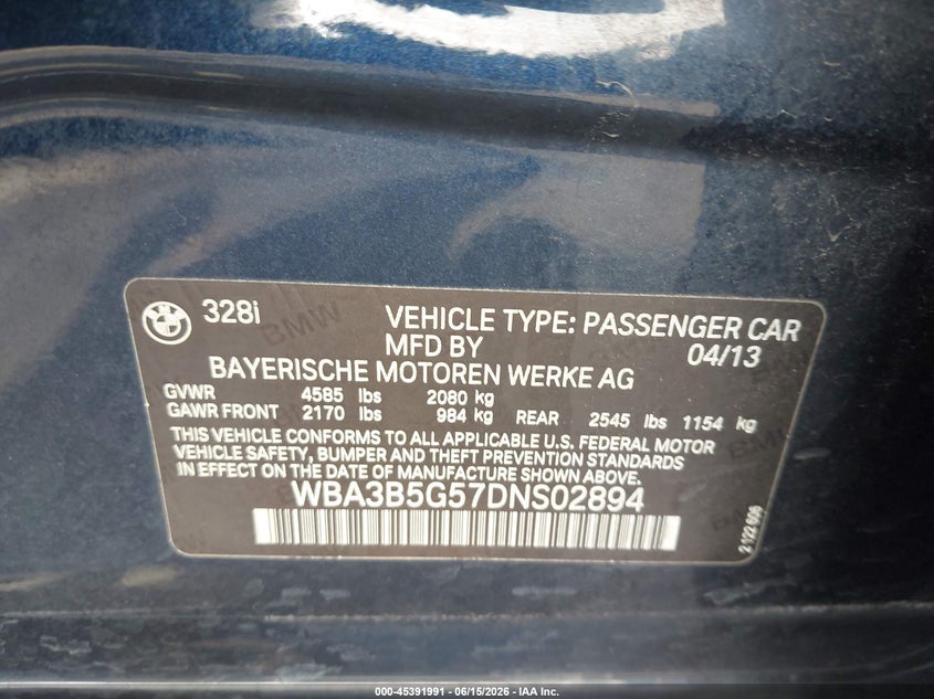 2013 BMW 3er VIN WBA3B5G57DNS02894 IAAI salvage auction — FRONT END, Salvage Title, sold $25 on 2026-07-30 (photo 9)