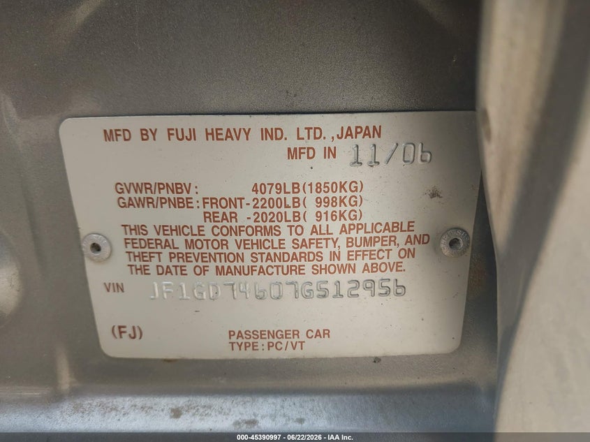 2007 Subaru Impreza VIN JF1GD74607G512956 IAAI salvage auction — NORMAL WEAR, Clear (Massachusetts), sold $325 on 2026-07-21 (photo 9)