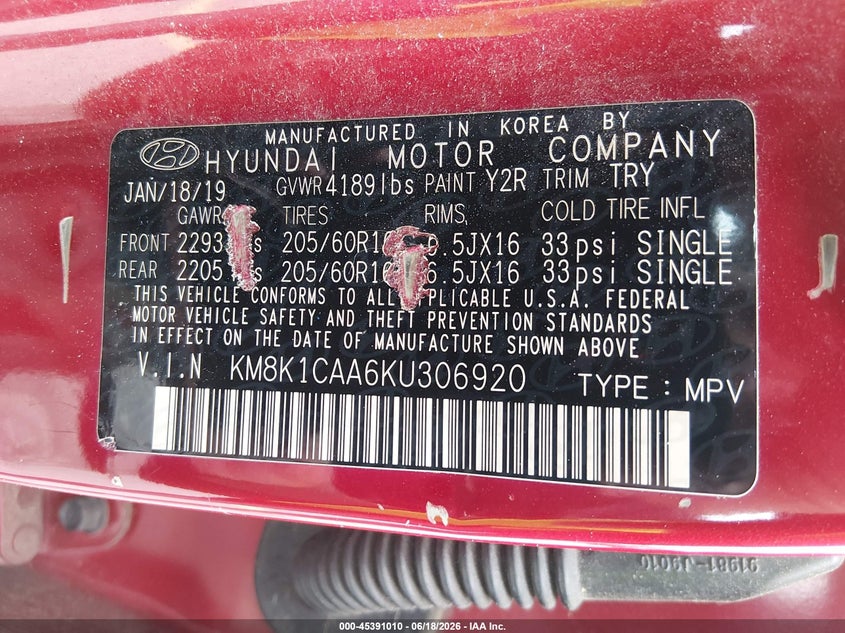 2019 Hyundai Kona VIN KM8K1CAA6KU306920 IAAI salvage auction — LEFT REAR, Salvage (South Carolina), sold $1,700 on 2026-07-15 (photo 9)