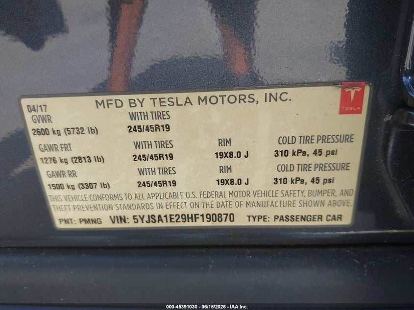 2017 Tesla Model s VIN 5YJSA1E29HF190870 IAAI salvage auction — FRONT END, Clear (Montana), sold $3,700 on 2026-07-29 (photo 9)