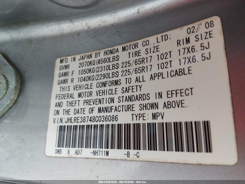 2008 Honda Cr-v VIN JHLRE38748C036086 IAAI salvage auction — NORMAL WEAR, Clear (Alabama), sold $1,375 on 2026-07-23 (photo 9)