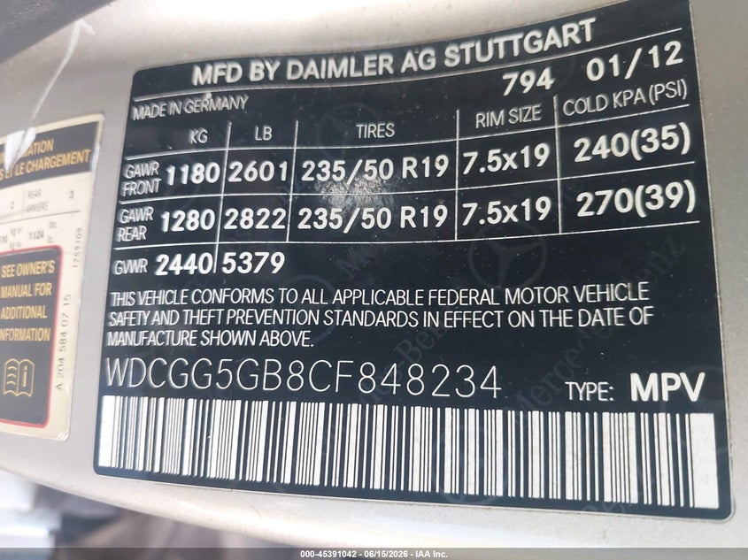 2012 Mercedes-benz Glk-class VIN WDCGG5GB8CF848234 IAAI salvage auction — NORMAL WEAR, Repossession Paperwork (Georgia), sold $1,850 on 2026-07-15 (photo 9)