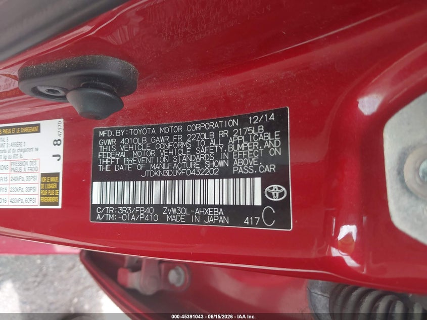 2015 Toyota Prius VIN JTDKN3DU9F0432202 IAAI salvage auction — FRONT END, Rebuildable (Florida), sold $2,750 on 2026-07-28 (photo 9)