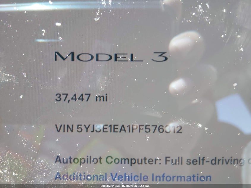 2023 Tesla Model 3 VIN 5YJ3E1EA1PF576312 IAAI salvage auction — FRONT & REAR, Salvage Title, sold $2,050 on 2026-07-29 (photo 7)