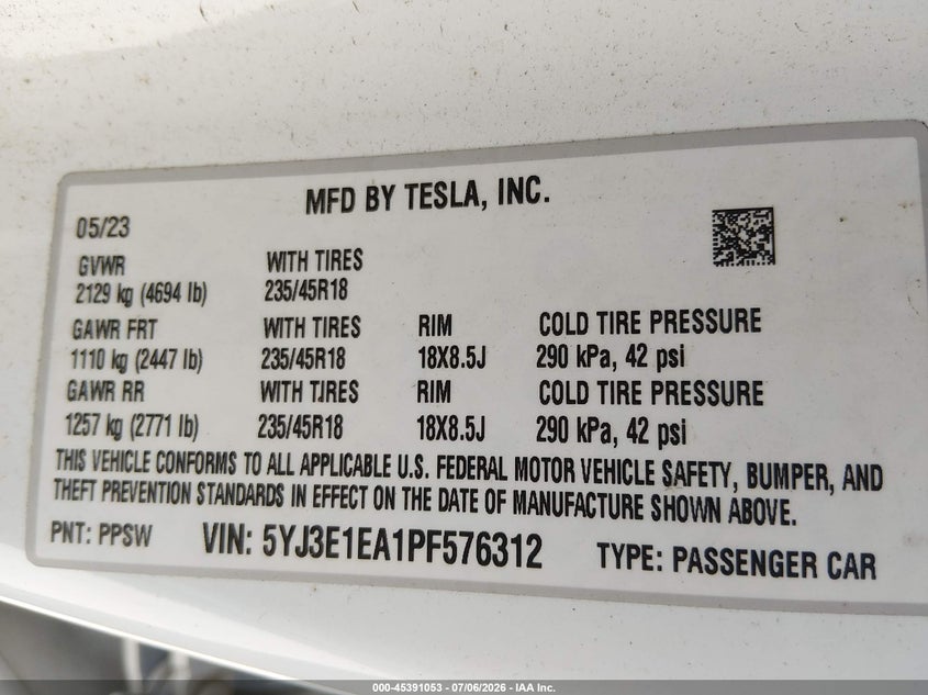 2023 Tesla Model 3 VIN 5YJ3E1EA1PF576312 IAAI salvage auction — FRONT & REAR, Salvage Title, sold $2,050 on 2026-07-29 (photo 9)