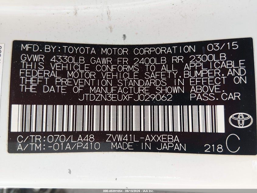 2015 Toyota Prius v VIN JTDZN3EUXFJ029062 IAAI salvage auction — NORMAL WEAR, Enterprise Vehicles Clear Only (Alabama), sold $4,300 on 2026-07-06 (photo 9)