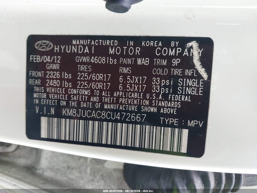 2012 Hyundai Tucson VIN KM8JUCAC8CU472667 IAAI salvage auction — NORMAL WEAR, Clear (Tennessee), sold $75 on 2026-07-08 (photo 9)