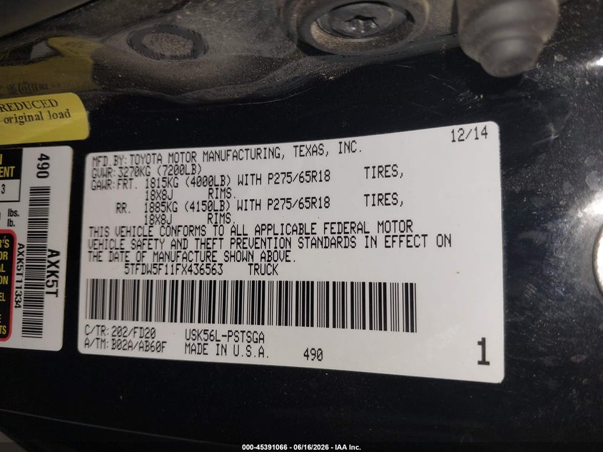 2015 Toyota Tundra VIN 5TFDW5F11FX436563 IAAI salvage auction — FRONT END, Salvage Title, sold $10,200 on 2026-07-23 (photo 9)