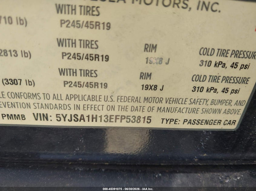 2014 Tesla Model s VIN 5YJSA1H13EFP53815 IAAI salvage auction — FRONT END, Clear (Virginia), sold $1,950 on 2026-07-20 (photo 8)