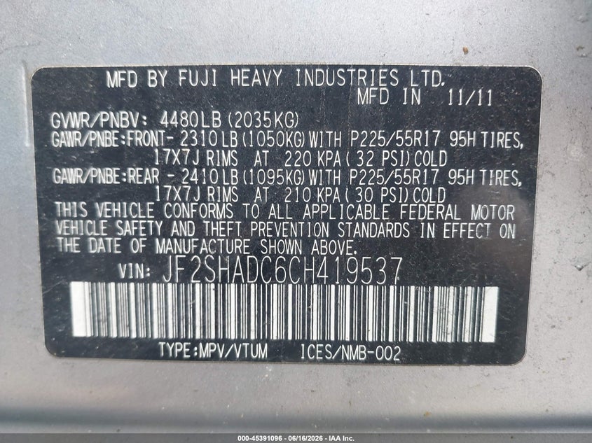 2012 Subaru Forester VIN JF2SHADC6CH419537 IAAI salvage auction — NORMAL WEAR, Clear (Massachusetts), sold $550 on 2026-07-24 (photo 9)