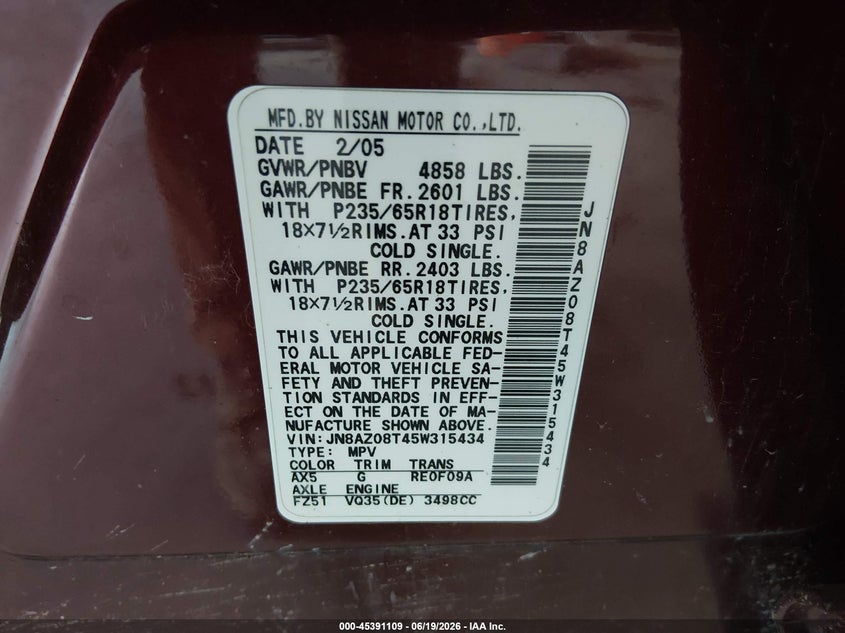 2005 Nissan Murano VIN JN8AZ08T45W315434 IAAI salvage auction — NORMAL WEAR, Original (Alaska), sold $225 on 2026-07-10 (photo 9)