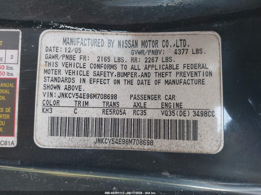 2006 Infiniti G35 VIN JNKCV54E96M708698 IAAI salvage auction — NORMAL WEAR, Clear (Montana), sold $225 on 2026-07-16 (photo 9)
