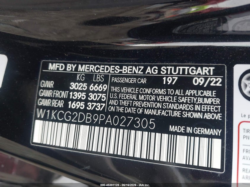 2023 Mercedes-benz Eqs VIN W1KCG2DB9PA027305 IAAI salvage auction — FRONT END, Wait Title, sold $24,450 on 2026-09-16 (photo 9)