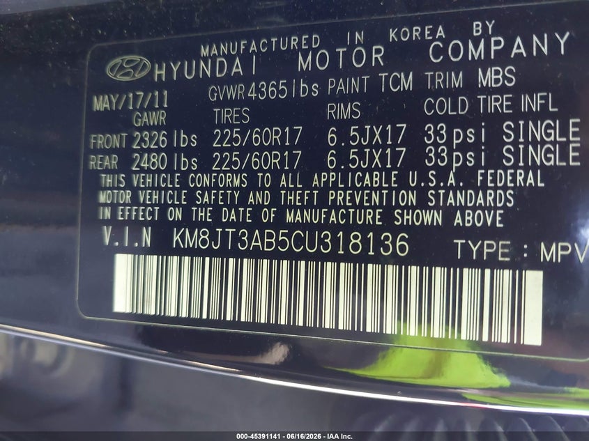2012 Hyundai Tucson VIN KM8JT3AB5CU318136 IAAI salvage auction — NORMAL WEAR, Clear (Florida), sold $1,250 on 2026-07-10 (photo 9)