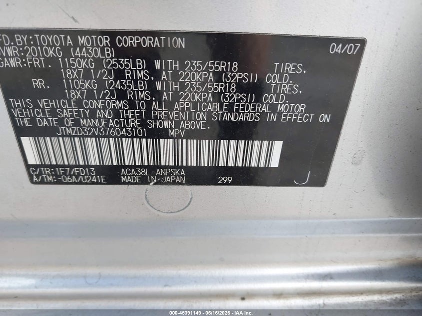 2007 Toyota Rav4 VIN JTMZD32V376043101 IAAI salvage auction — NORMAL WEAR, Clear (Washington), sold $675 on 2026-07-22 (photo 9)