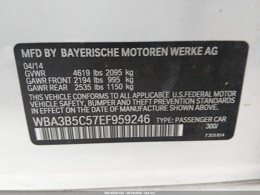 2014 BMW 3er VIN WBA3B5C57EF959246 IAAI salvage auction — RIGHT FRONT, Salvage (Ohio), sold $25 on 2026-07-29 (photo 9)