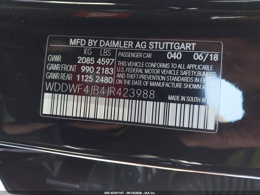 2018 Mercedes-benz C-klasse VIN WDDWF4JB4JR423988 IAAI salvage auction — LEFT FRONT, Salvage (California), sold $7,300 on 2026-08-06 (photo 9)