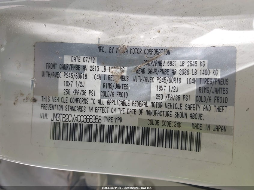 2012 Mazda Cx-9 VIN JM3TB2CVXC0366358 IAAI salvage auction — REAR END, Salvage (Idaho), sold $1,300 on 2026-07-07 (photo 9)