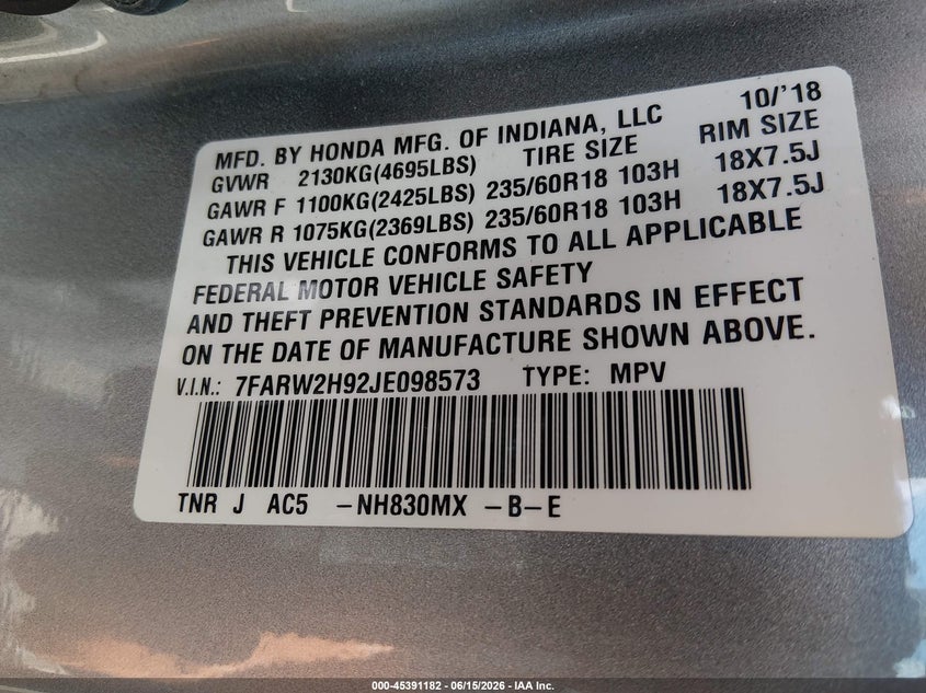 2018 Honda Cr-v VIN 7FARW2H92JE098573 IAAI salvage auction — FRONT END, Clear (Indiana), sold $7,600 on 2026-07-22 (photo 9)