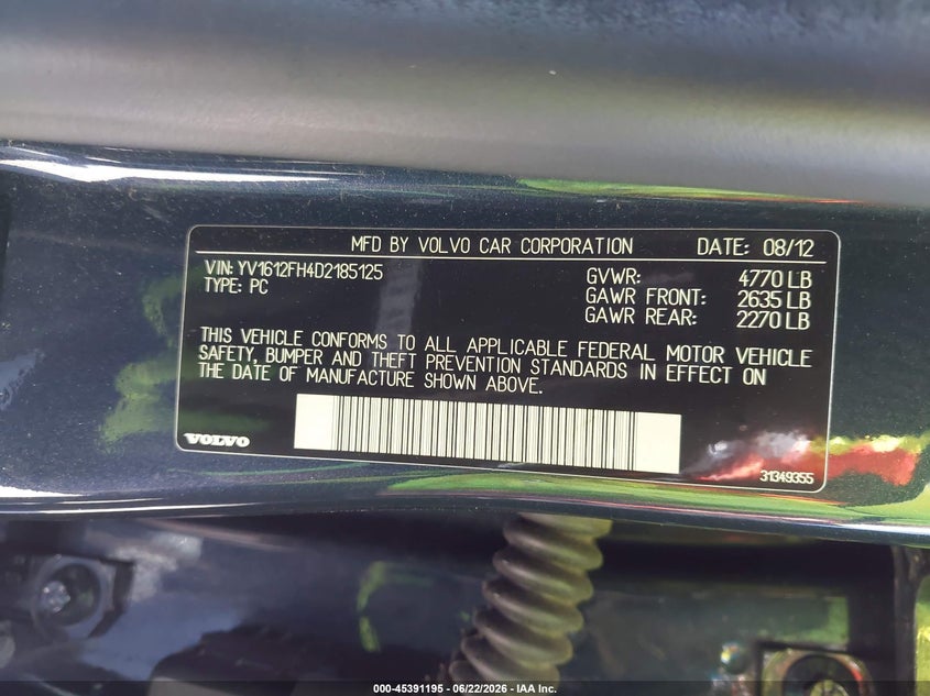 2013 Volvo S60 VIN YV1612FH4D2185125 IAAI salvage auction — NORMAL WEAR, Clear (Washington), sold $550 on 2026-07-08 (photo 9)