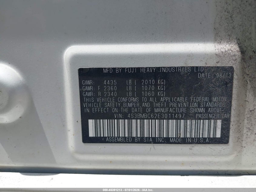 2014 Subaru LEGACY VIN 4S3BMBC62E3011497 IAAI salvage auction — NORMAL WEAR, Clear (New York), sold $200 on 2026-07-20 (photo 9)