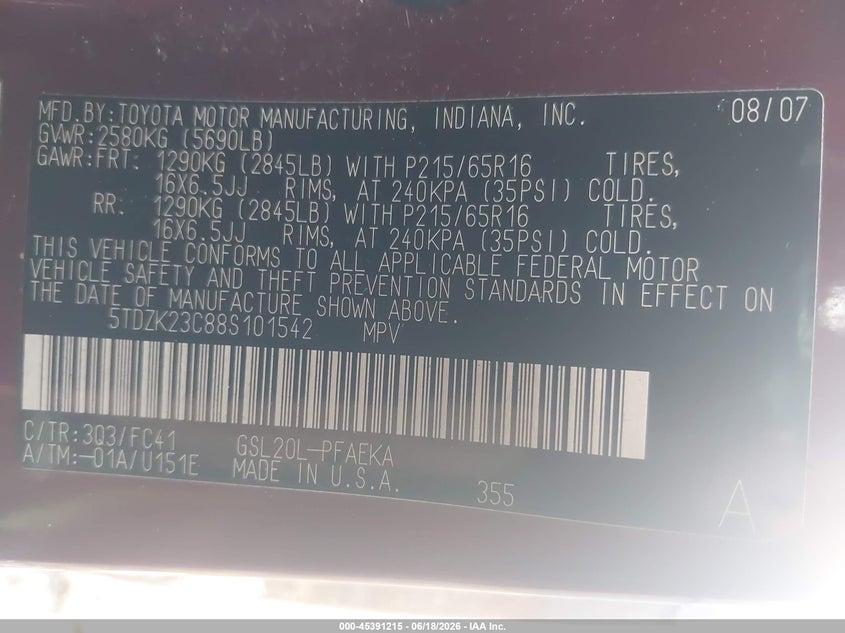 2008 Toyota Sienna VIN 5TDZK23C88S101542 IAAI salvage auction — FRONT & REAR, Clear (New York), sold $1,050 on 2026-07-29 (photo 9)