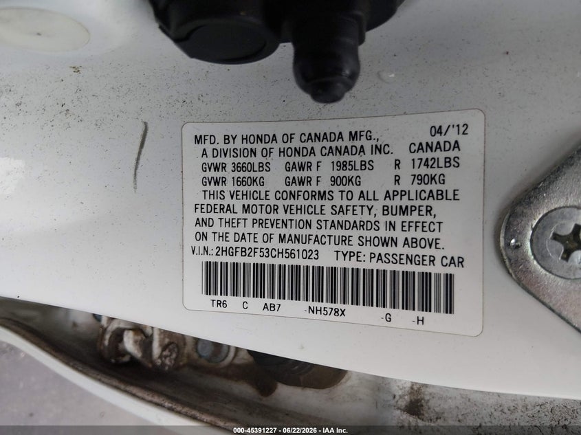 2012 Honda Civic VIN 2HGFB2F53CH561023 IAAI salvage auction — FRONT END, Salvage Title, sold $275 on 2026-07-17 (photo 9)