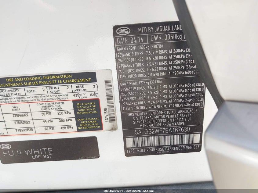 2014 Land rover RANGE ROVER VIN SALGS2WF7EA167630 IAAI salvage auction — NORMAL WEAR, Clear (Montana), sold $1,350 on 2026-07-30 (photo 9)
