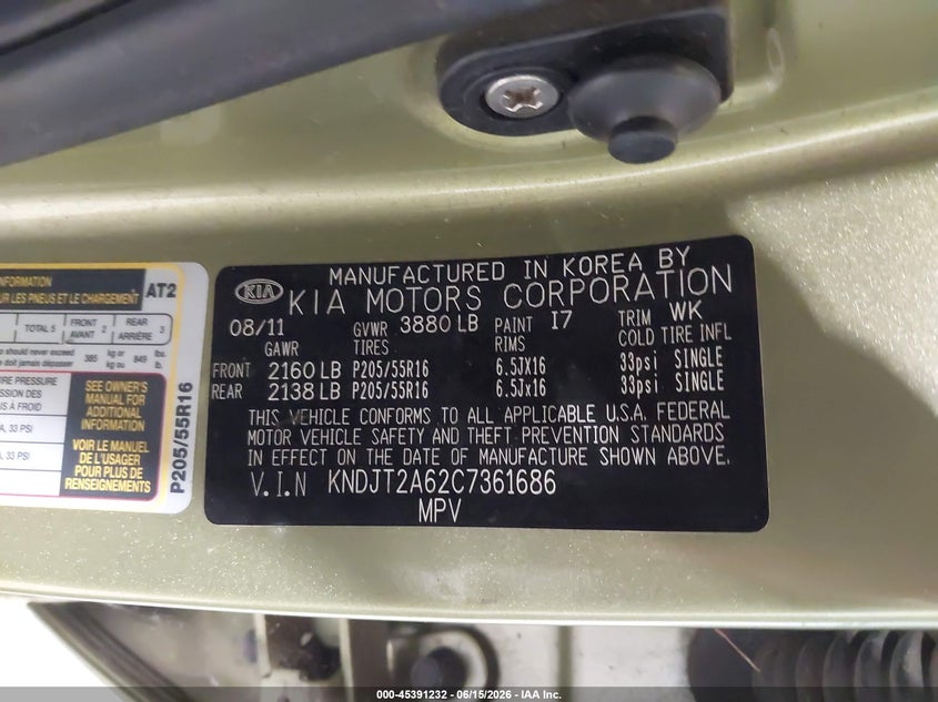 2012 Kia Soul VIN KNDJT2A62C7361686 IAAI salvage auction — NORMAL WEAR, Clear (Connecticut), sold $475 on 2026-07-29 (photo 9)