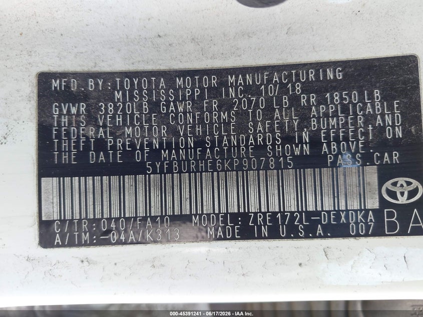 2019 Toyota Corolla VIN 5YFBURHE6KP907815 IAAI salvage auction — NORMAL WEAR, Salvage Title, sold $2,500 on 2026-07-22 (photo 9)