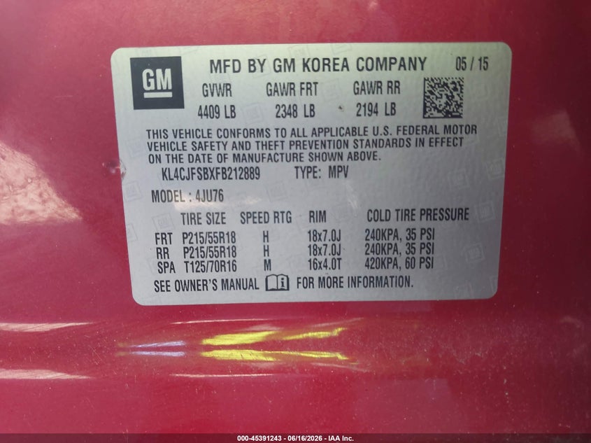 2015 Buick Encore VIN KL4CJFSBXFB212889 IAAI salvage auction — NORMAL WEAR, Clear (Pennsylvania), sold $400 on 2026-07-24 (photo 9)