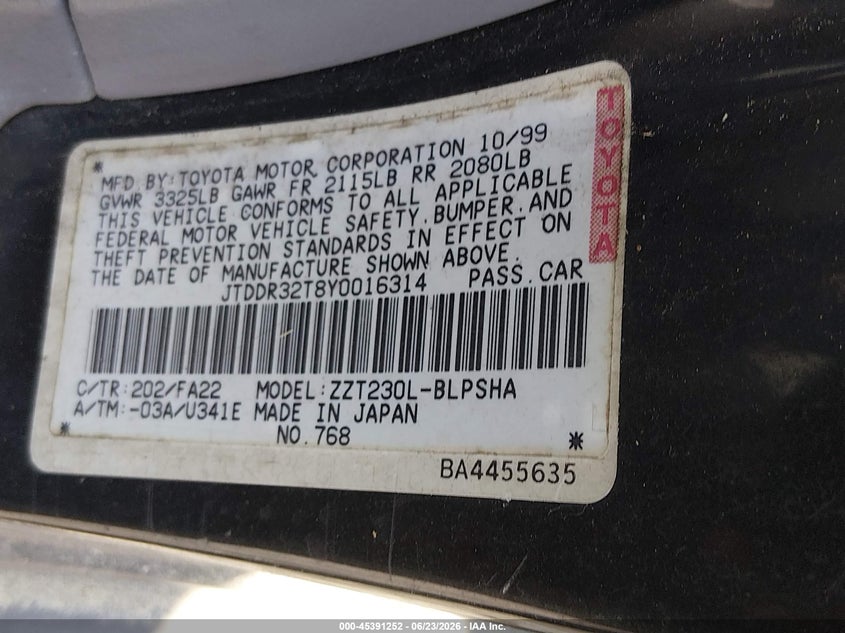 2000 Toyota Celica VIN JTDDR32T8Y0016314 IAAI salvage auction — NORMAL WEAR, Clear (South Carolina), sold $25 on 2026-07-28 (photo 9)