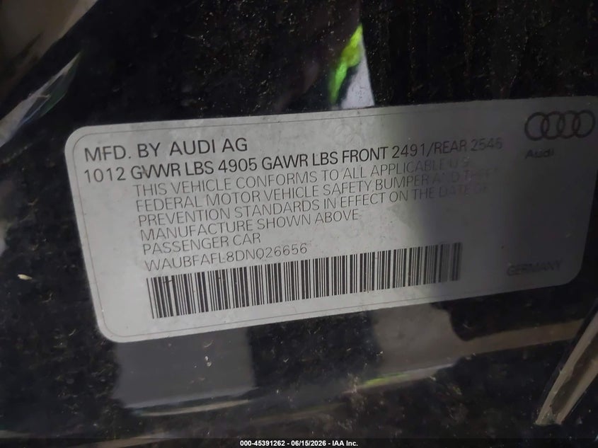 2013 Audi A4 VIN WAUBFAFL8DN026656 IAAI salvage auction — NORMAL WEAR, Clear (Connecticut), sold $425 on 2026-07-15 (photo 9)
