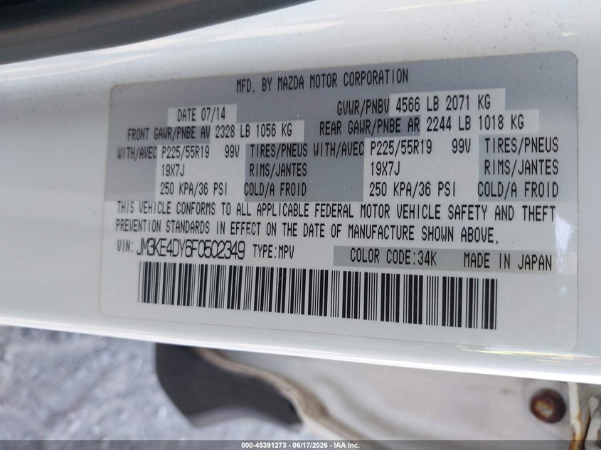 2015 Mazda Cx-5 VIN JM3KE4DY6F0502349 IAAI salvage auction — REAR END, Rebuildable (Florida), sold $3,450 on 2026-07-10 (photo 9)
