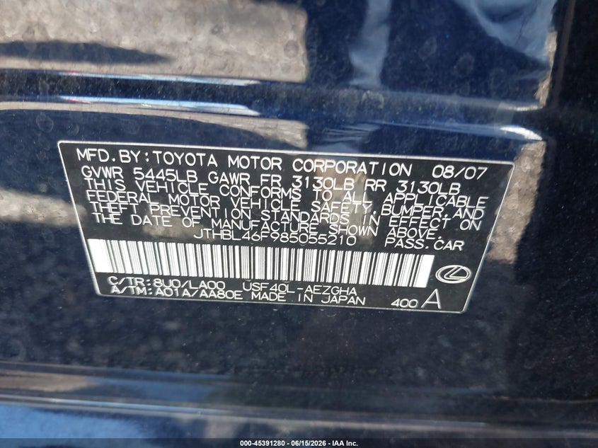 2008 Lexus Ls 460 VIN JTHBL46F985055210 IAAI salvage auction — NORMAL WEAR, Repossession Paperwork (South Carolina), sold $925 on 2026-07-21 (photo 9)