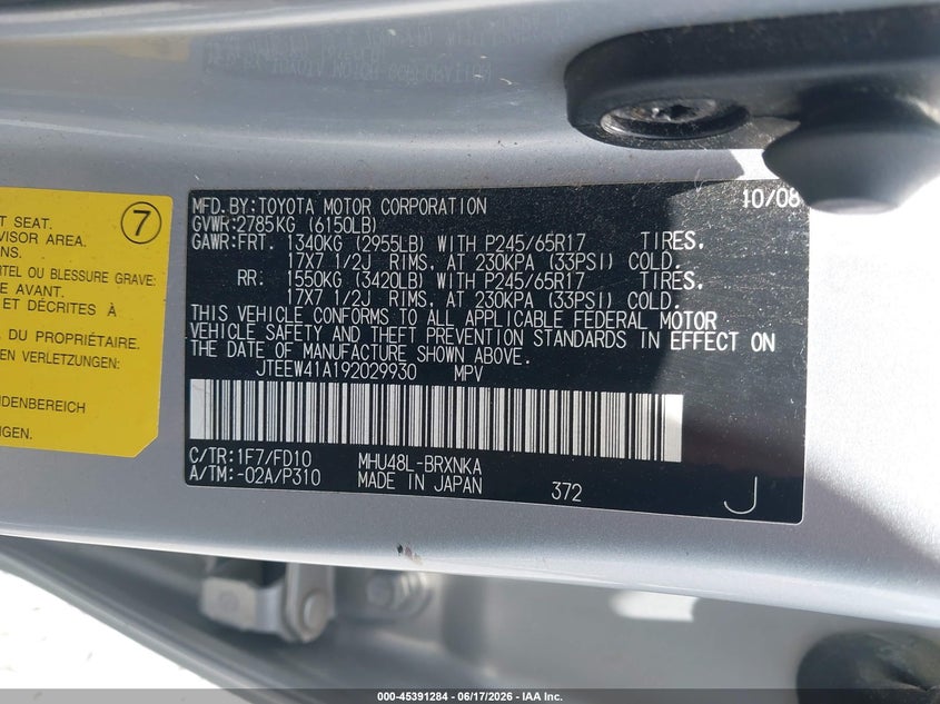 2009 Toyota Highlander VIN JTEEW41A192029930 IAAI salvage auction — NORMAL WEAR, Original (Kentucky), sold $1,800 on 2026-07-28 (photo 9)