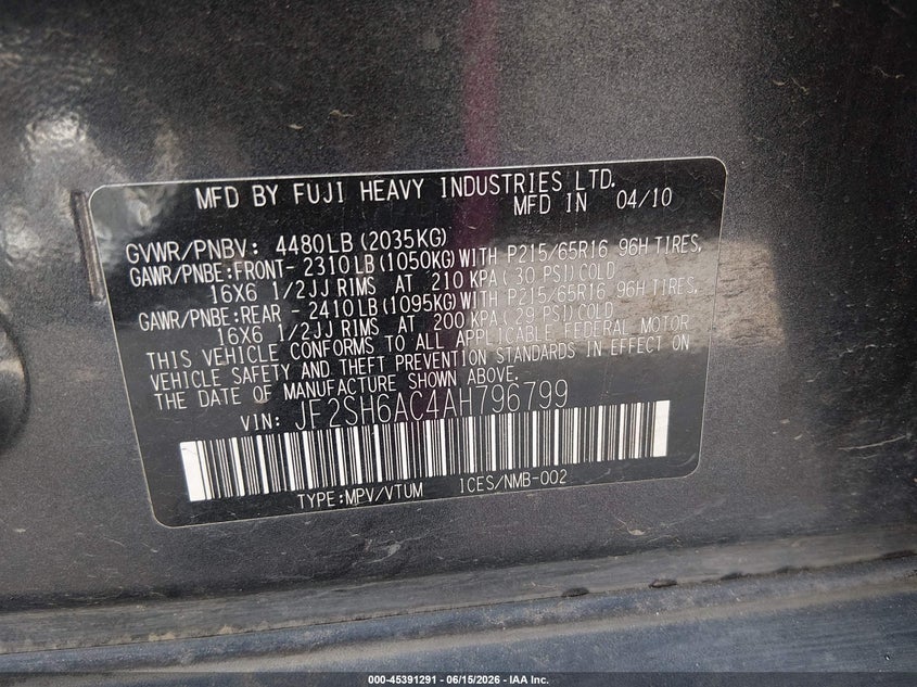 2010 Subaru Forester VIN JF2SH6AC4AH796799 IAAI salvage auction — NORMAL WEAR, Original (Texas), sold $275 on 2026-07-06 (photo 9)