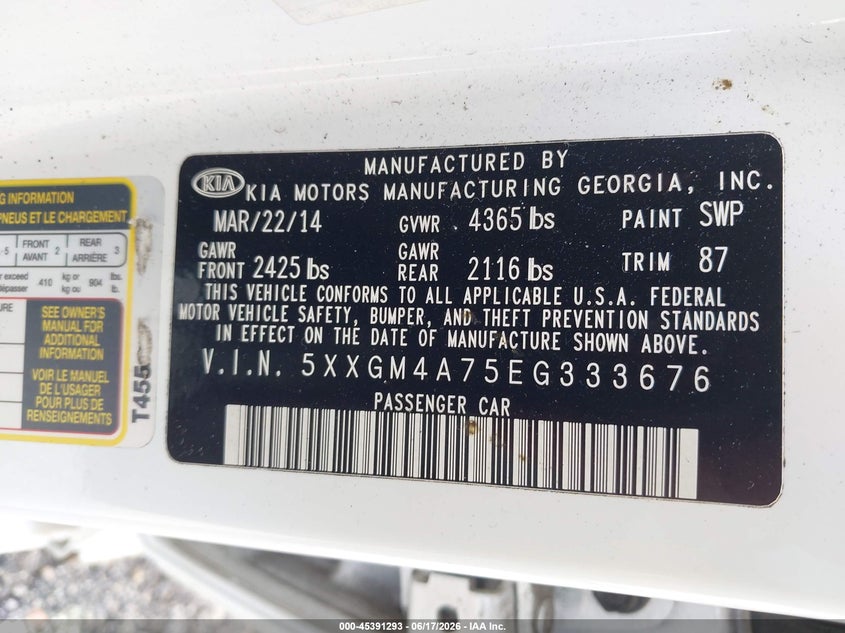 2014 Kia Optima VIN 5XXGM4A75EG333676 IAAI salvage auction — NORMAL WEAR, Clear (Florida), sold $1,050 on 2026-07-29 (photo 9)
