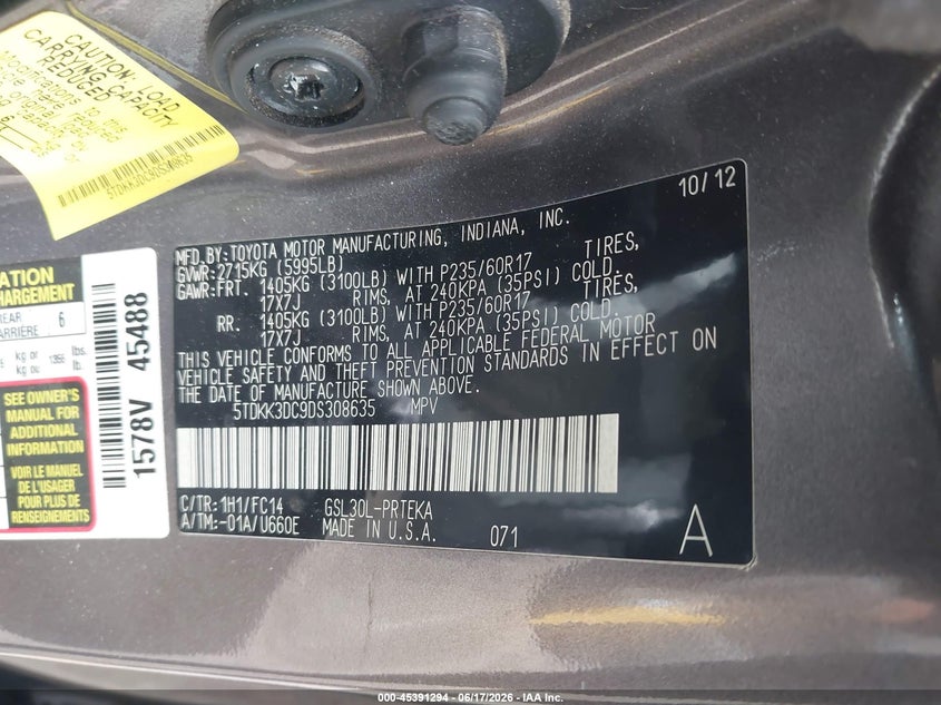 2013 Toyota Sienna VIN 5TDKK3DC9DS308635 IAAI salvage auction — REAR END, Salvage (Idaho), sold $2,750 on 2026-07-13 (photo 9)