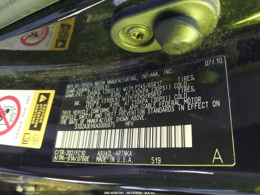 2010 Toyota Highlander VIN 5TDZA3EHXAS006875 IAAI salvage auction — NORMAL WEAR, Repossession Paperwork (South Carolina), sold $1,825 on 2026-07-07 (photo 9)