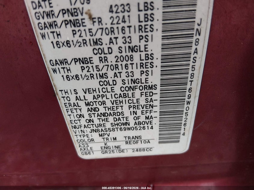 2009 Nissan Rogue sport VIN JN8AS58T69W052614 IAAI salvage auction — NORMAL WEAR, Clear (Alabama), sold $200 on 2026-07-09 (photo 9)