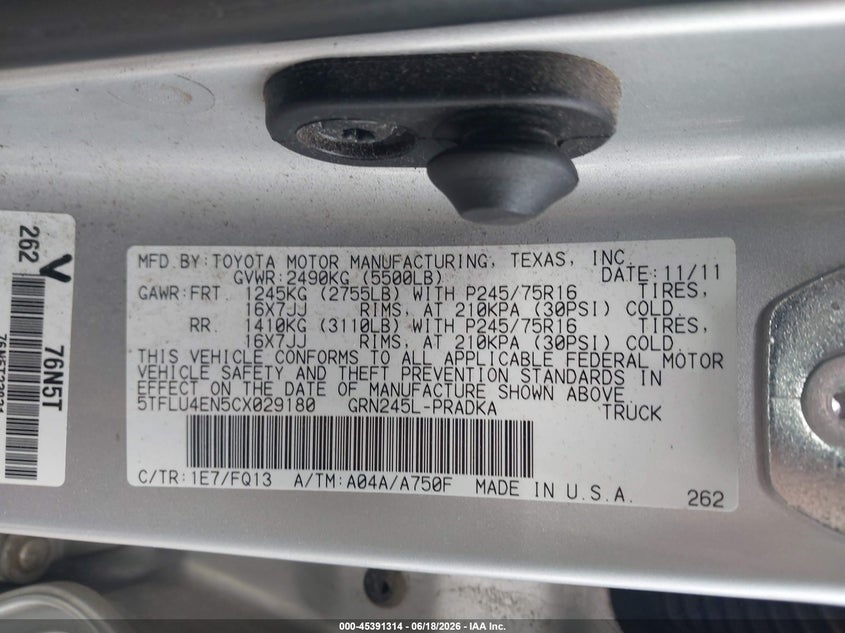 2012 Toyota Tacoma VIN 5TFLU4EN5CX029180 IAAI salvage auction — FRONT END, Clear (Massachusetts), sold $6,050 on 2026-07-14 (photo 9)