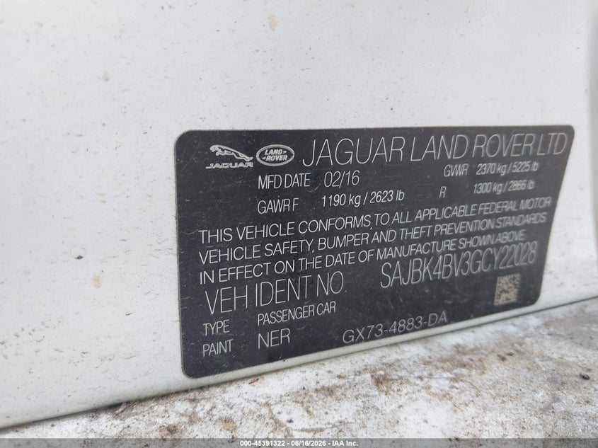 2016 Jaguar Xf VIN SAJBK4BV3GCY22028 IAAI salvage auction — FRONT END, Bill Of Sale (Washington), sold $2,950 on 2026-07-22 (photo 9)
