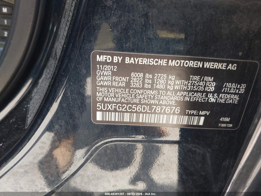 2013 BMW X6 VIN 5UXFG2C56DL787676 IAAI salvage auction — NORMAL WEAR, Original (Texas), sold $1,100 on 2026-07-29 (photo 9)