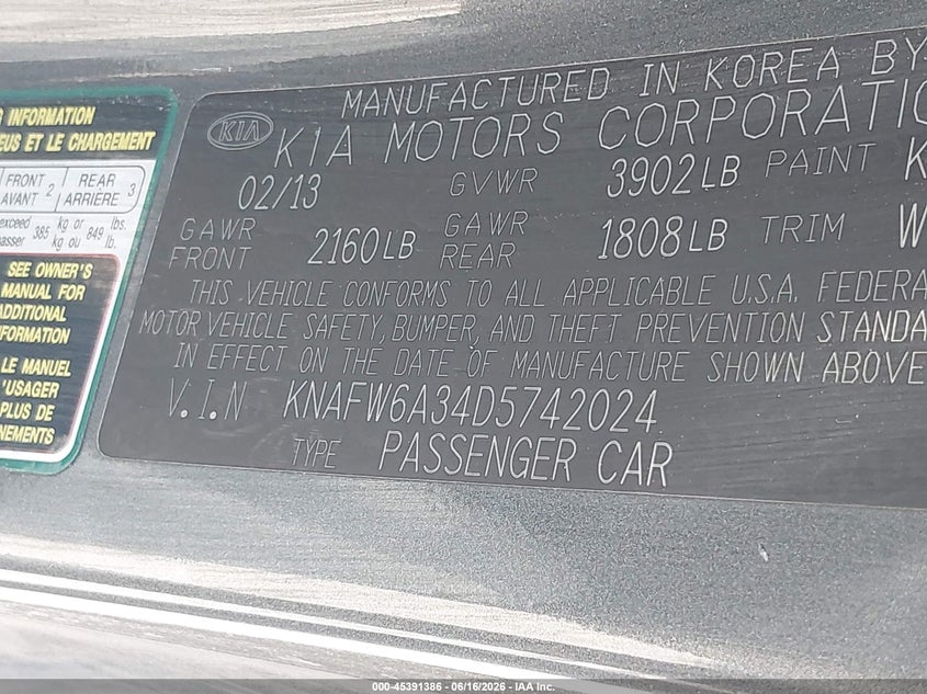 2013 Kia Forte VIN KNAFW6A34D5742024 IAAI salvage auction — FRONT END, Salvage (Texas), sold $50 on 2026-07-28 (photo 9)