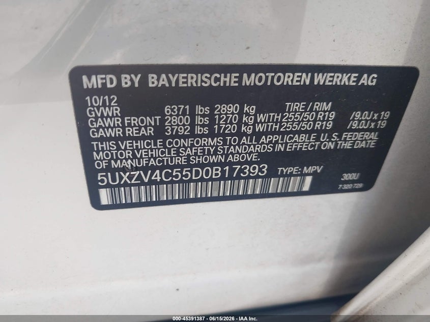 2013 BMW X5 VIN 5UXZV4C55D0B17393 IAAI salvage auction — NORMAL WEAR, Repossession Paperwork (Georgia), sold $1,000 on 2026-07-29 (photo 9)